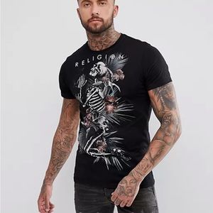 Religion‎ Black Short Sleeve Tropical Praying Skeleton Print Gothic T-Shirt L